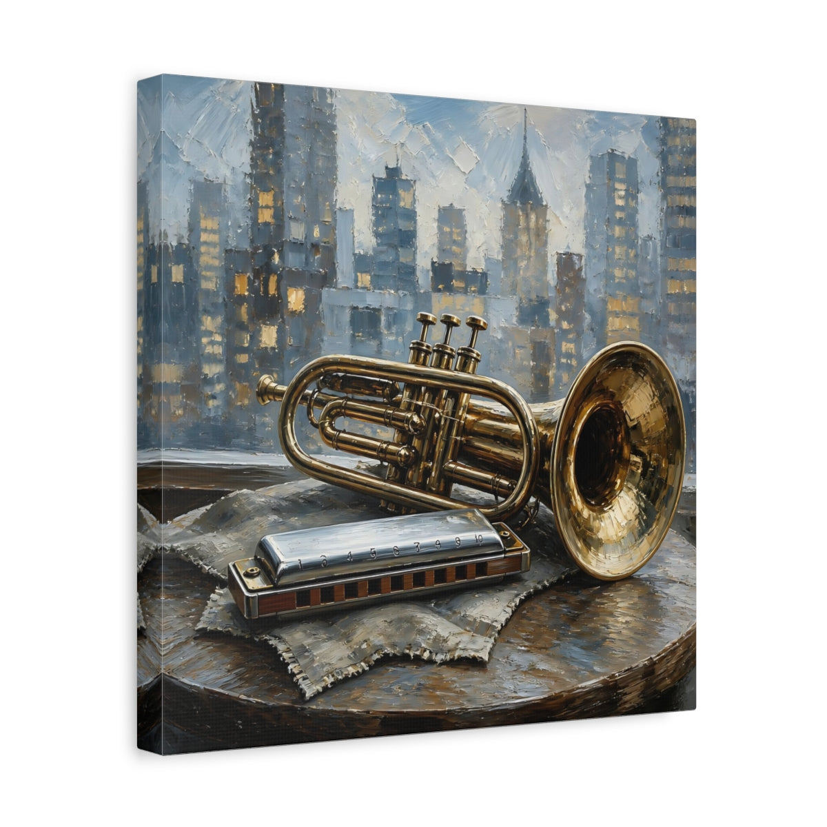 Side Mockup 7. Vintage Trumpet Harmonica Gold And Blue shown as canvas print