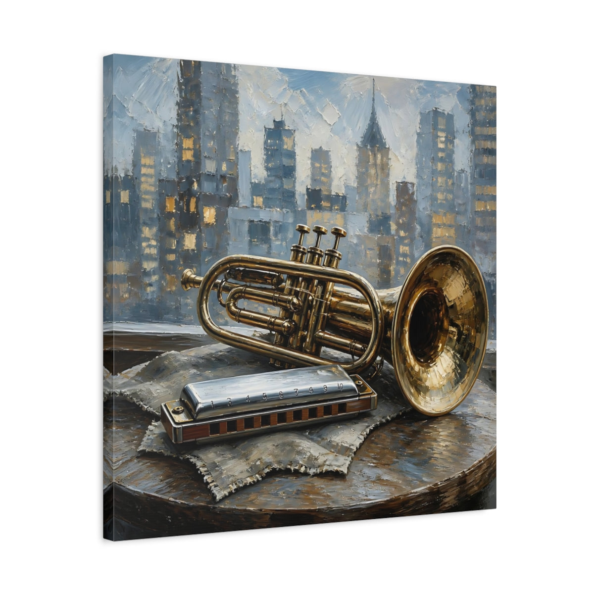 Side Mockup 4. Vintage Trumpet Harmonica Gold And Blue shown as canvas print