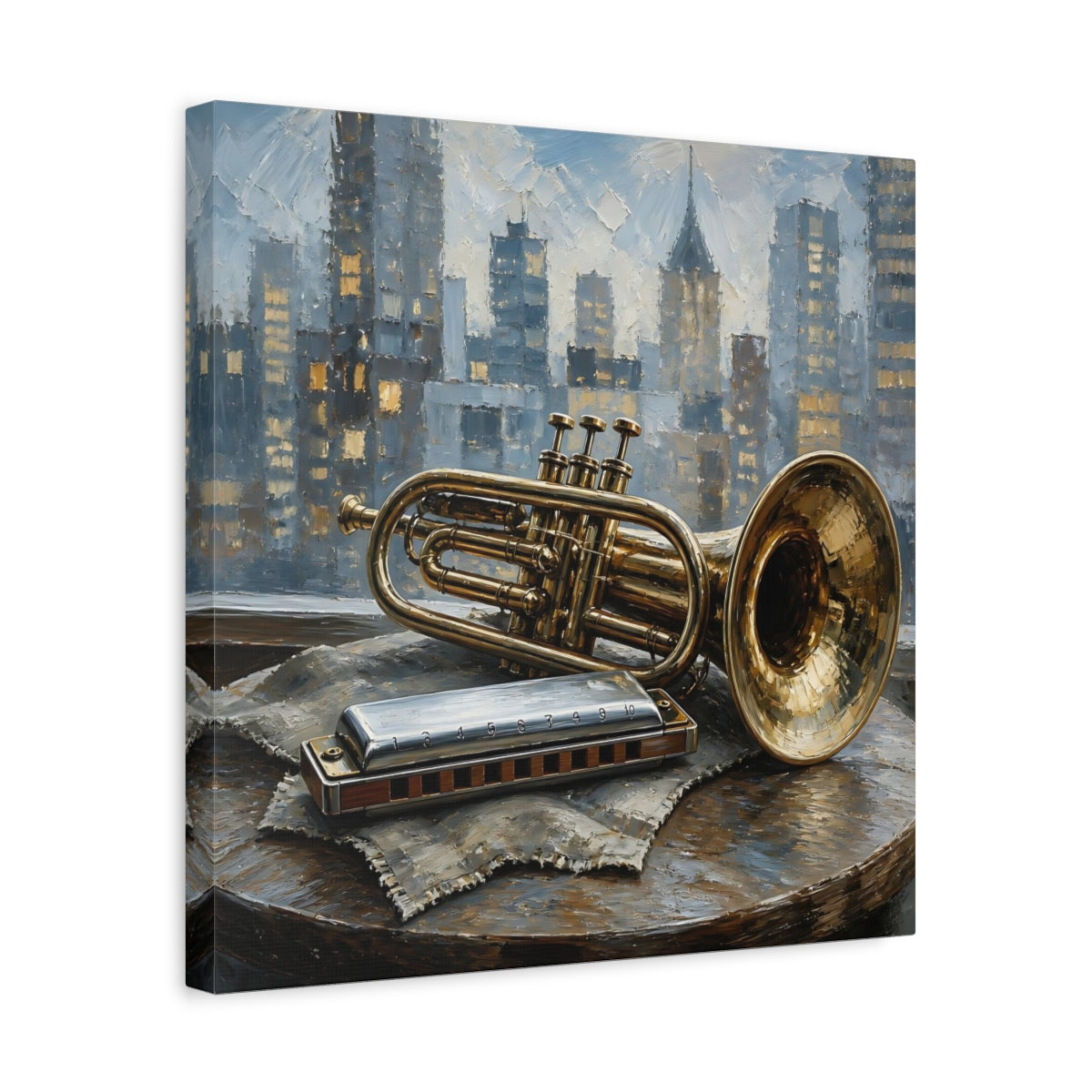 Side Mockup 6. Vintage Trumpet Harmonica Gold And Blue shown as canvas print