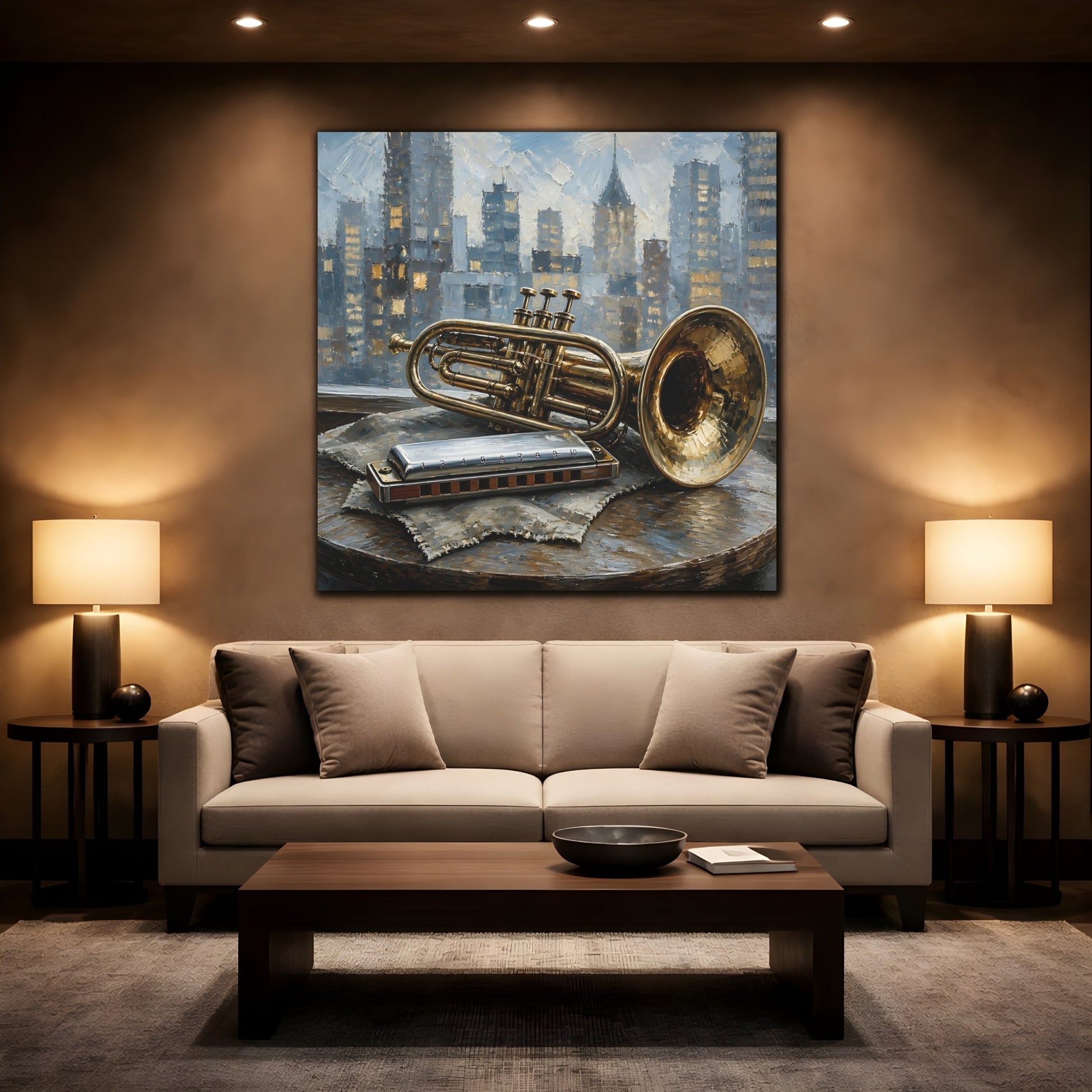Mockup 2. Vintage Trumpet Harmonica Gold And Blue shown as canvas print