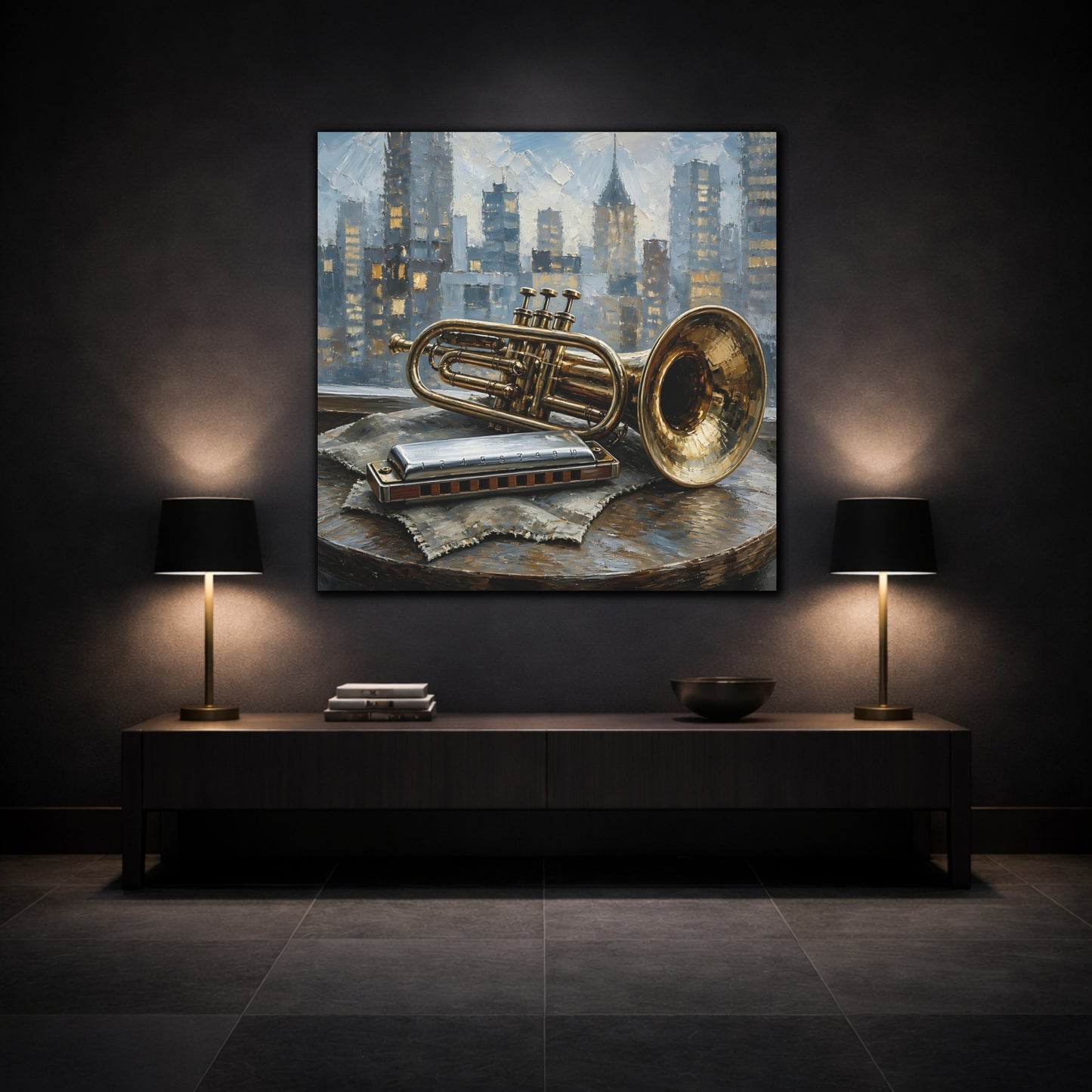 Mockup 3. Vintage Trumpet Harmonica Gold And Blue shown as canvas print