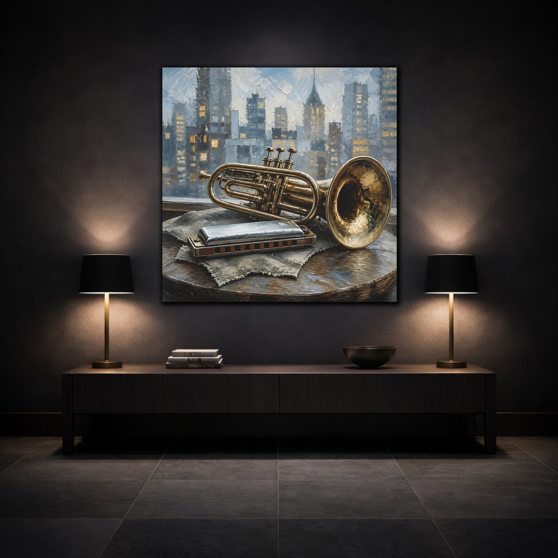 Mockup 3. Vintage Trumpet Harmonica Gold And Blue shown as canvas print