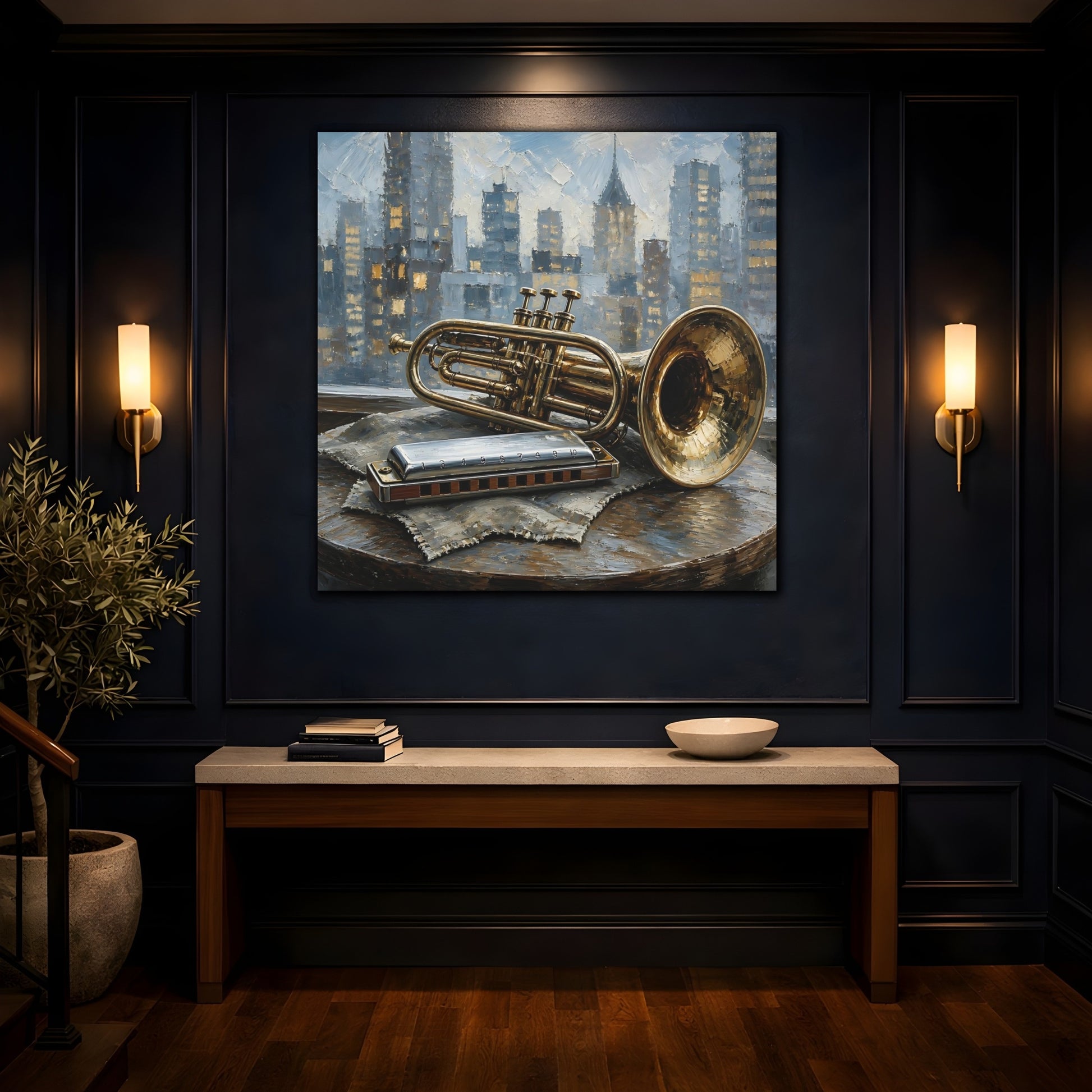 Mockup 4. Vintage Trumpet Harmonica Gold And Blue shown as canvas print