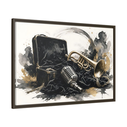Main Mockup. Vintage Trumpet Microphone Black Gold Music shown as framed canvas print