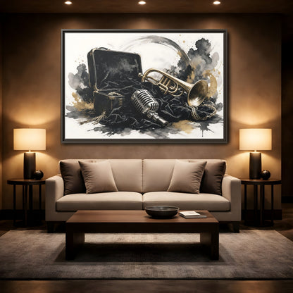 Mockup 2. Vintage Trumpet Microphone Black Gold Music shown as framed canvas print
