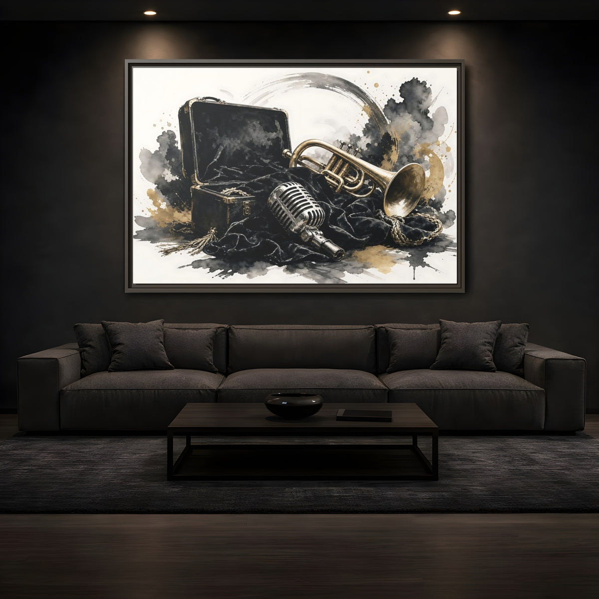 Mockup 3. Vintage Trumpet Microphone Black Gold Music shown as framed canvas print