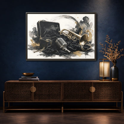 Mockup 4. Vintage Trumpet Microphone Black Gold Music shown as framed canvas print