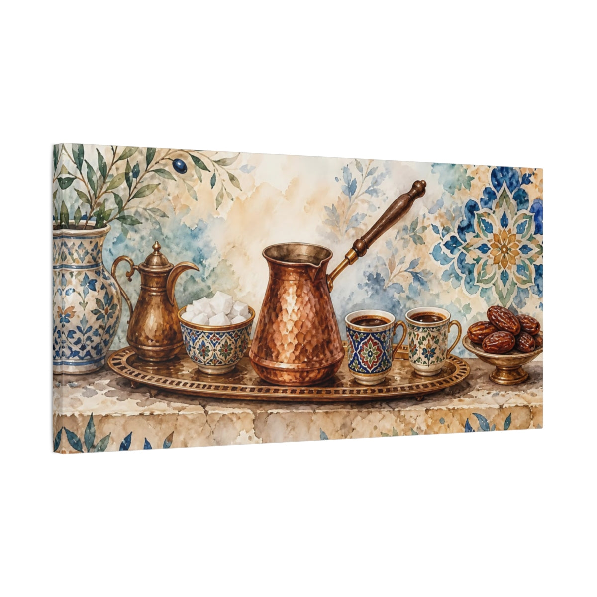 Side Mockup 1. Vintage Turkish Coffee Mediterranean Coffee shown as canvas print