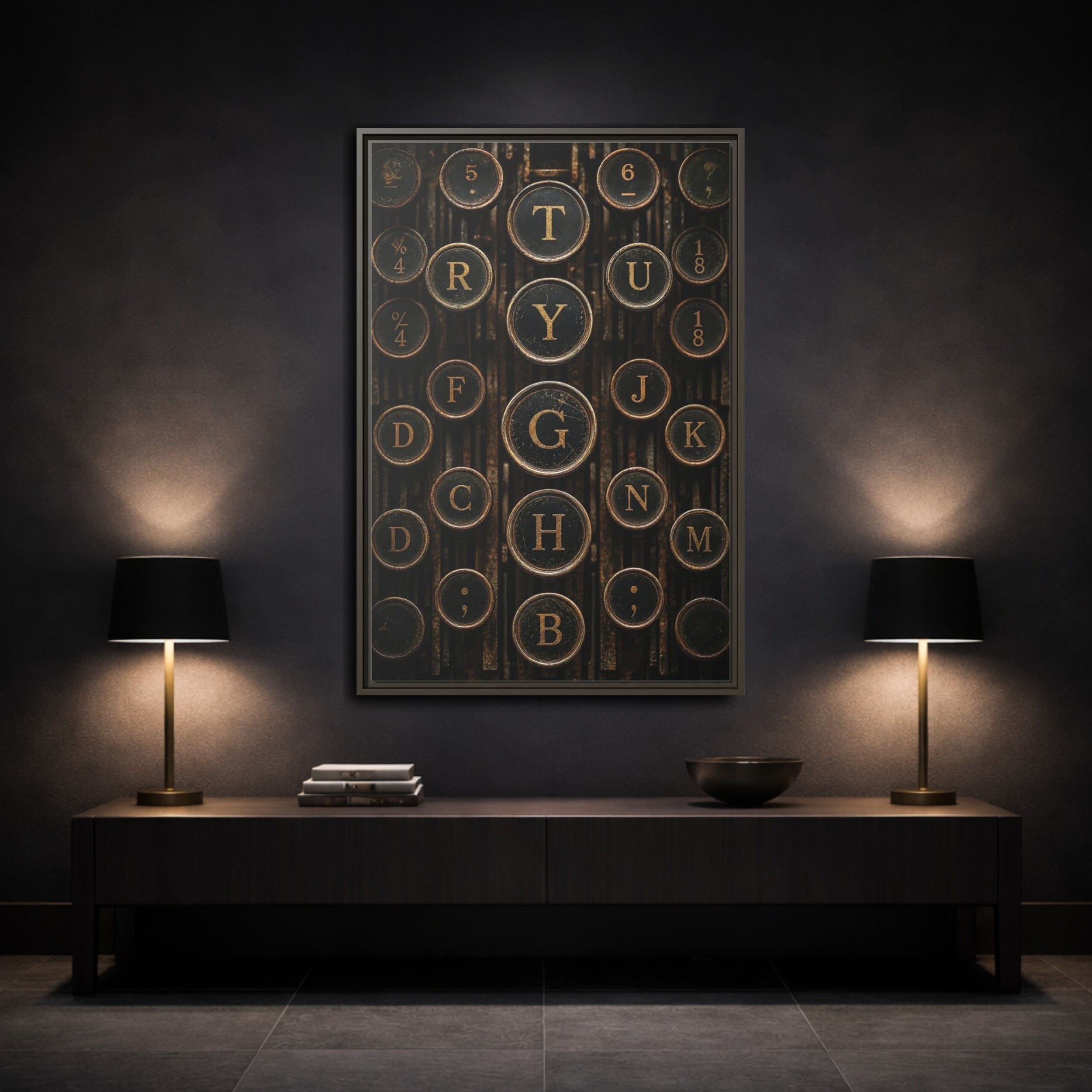 Mockup 3. Vintage Typewriter Keys Vintage Typewriter Keys shown as stretched canvas wall art