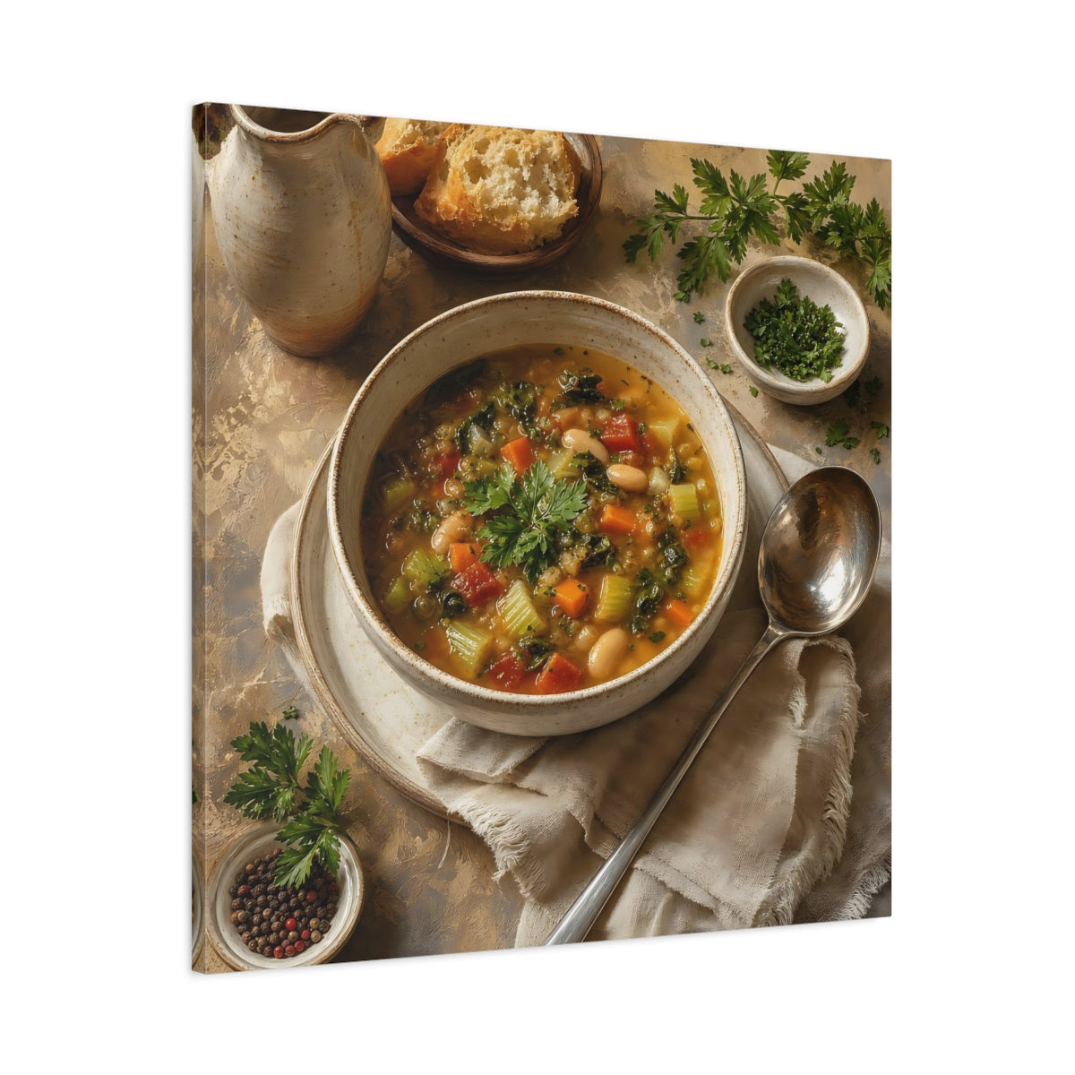 Main Mockup. Vintage Vegetable Soup Rustic Food shown as stretched canvas wall art