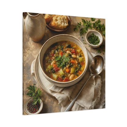 Main Mockup. Vintage Vegetable Soup Rustic Food shown as stretched canvas wall art