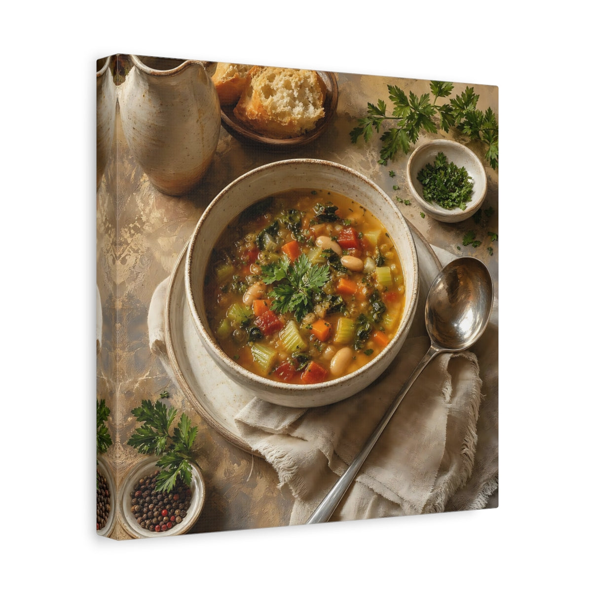 Side Mockup 8. Vintage Vegetable Soup Rustic Food shown as stretched canvas wall art