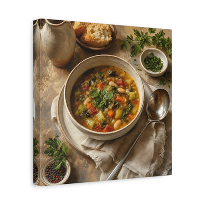 Side Mockup 8. Vintage Vegetable Soup Rustic Food shown as stretched canvas wall art
