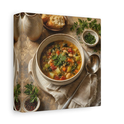 Side Mockup 2. Vintage Vegetable Soup Rustic Food shown as stretched canvas wall art