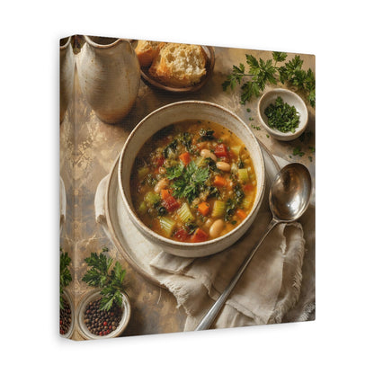 Side Mockup 9. Vintage Vegetable Soup Rustic Food shown as stretched canvas wall art