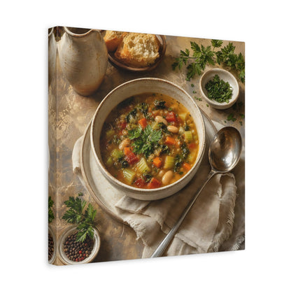 Side Mockup 7. Vintage Vegetable Soup Rustic Food shown as stretched canvas wall art