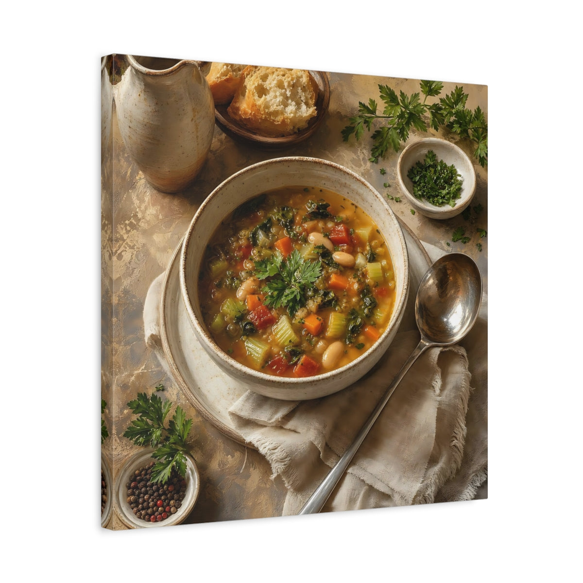 Side Mockup 5. Vintage Vegetable Soup Rustic Food shown as stretched canvas wall art