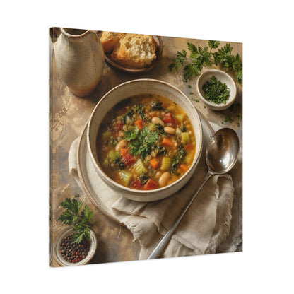 Side Mockup 1. Vintage Vegetable Soup Rustic Food shown as stretched canvas wall art