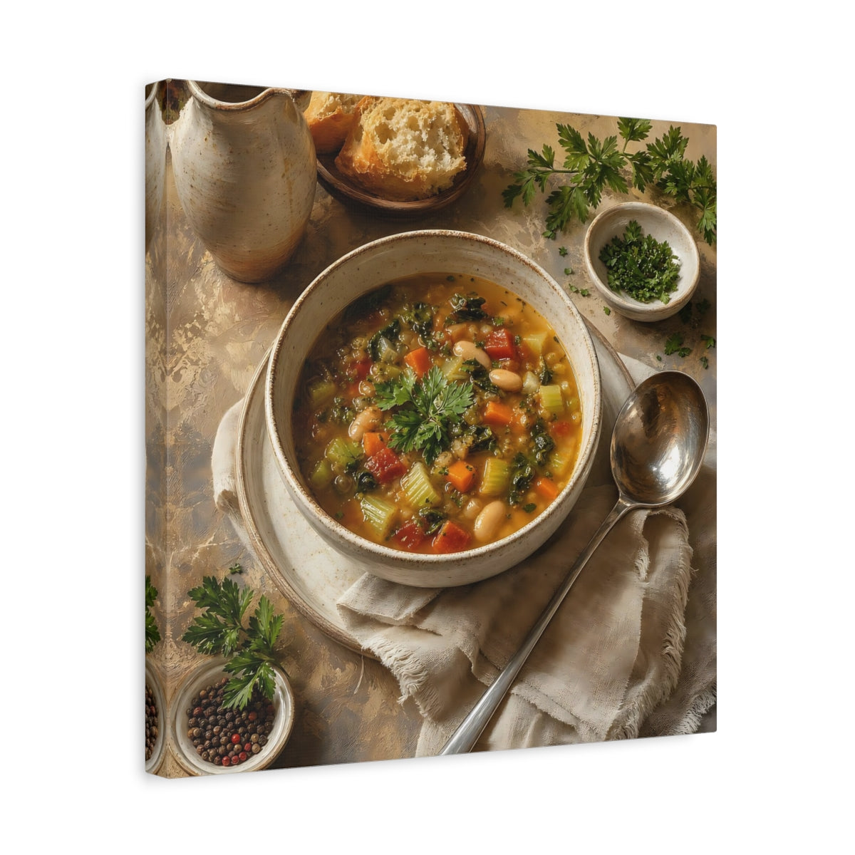 Side Mockup 6. Vintage Vegetable Soup Rustic Food shown as stretched canvas wall art