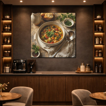 Mockup 2. Vintage Vegetable Soup Rustic Food shown as stretched canvas wall art