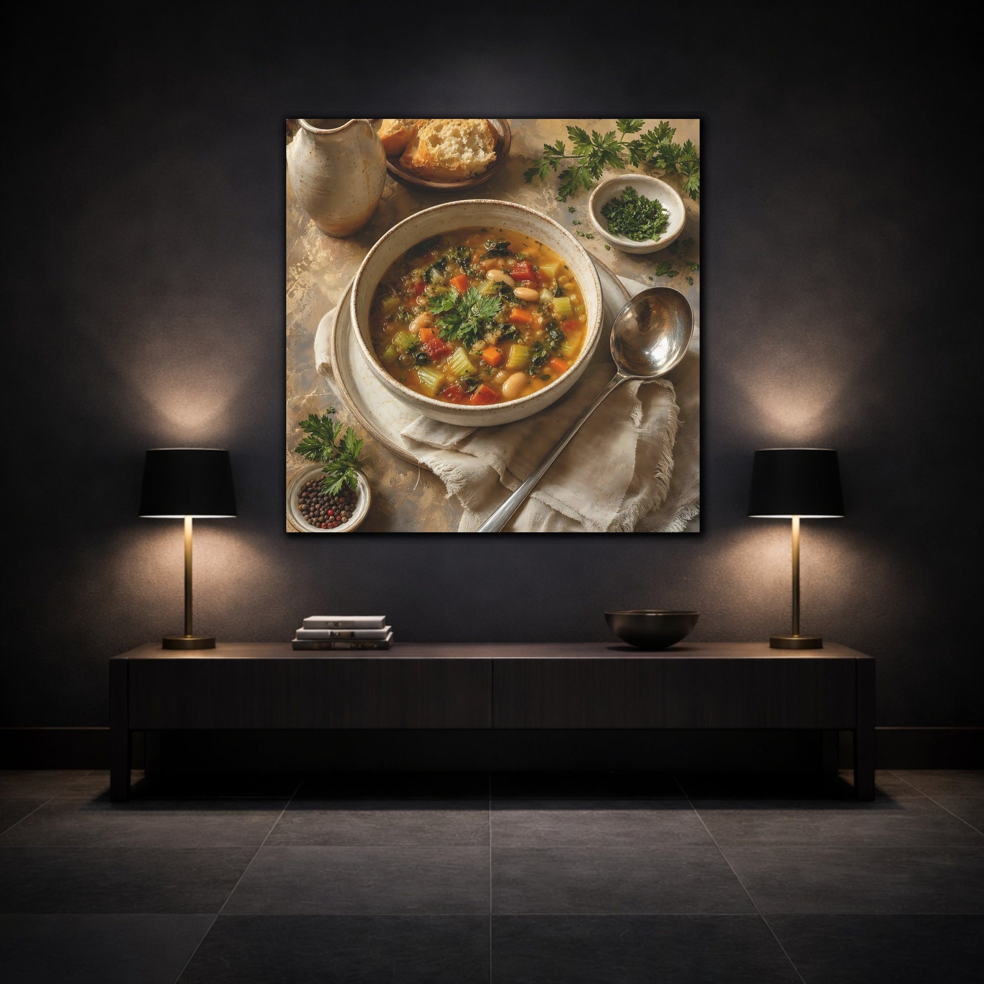 Mockup 3. Vintage Vegetable Soup Rustic Food shown as stretched canvas wall art
