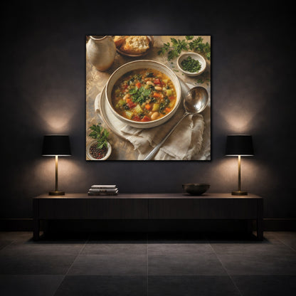 Mockup 3. Vintage Vegetable Soup Rustic Food shown as stretched canvas wall art