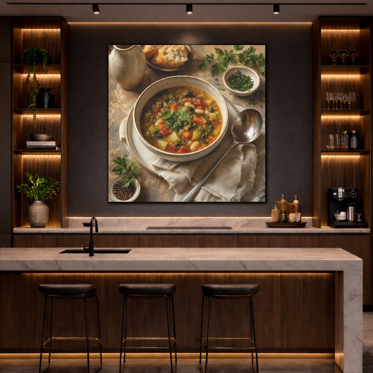 Mockup 4. Vintage Vegetable Soup Rustic Food shown as stretched canvas wall art