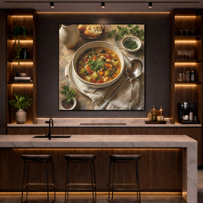 Mockup 4. Vintage Vegetable Soup Rustic Food shown as stretched canvas wall art