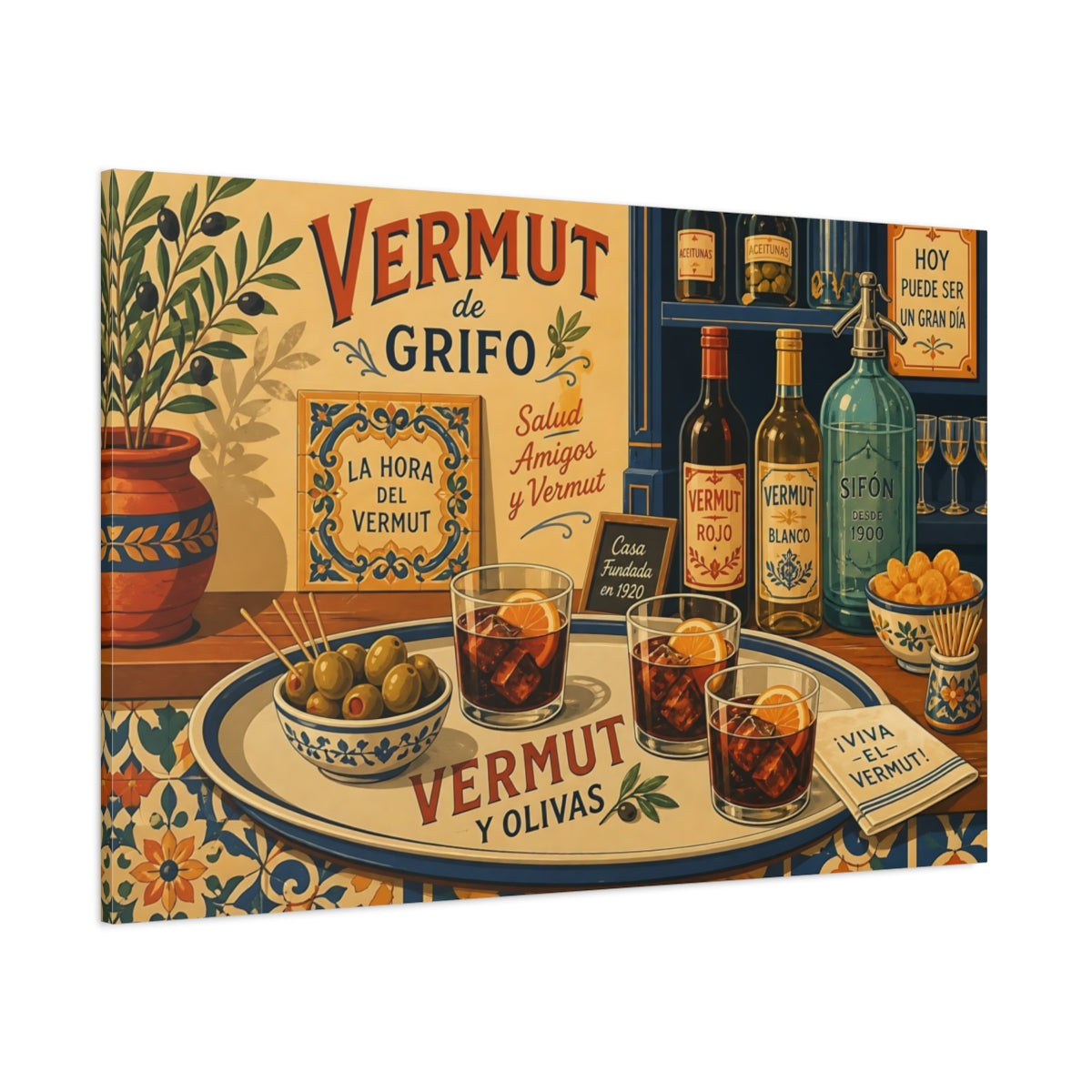 Side Mockup 1. Vintage Vermouth Bar Spanish Vermouth shown as stretched canvas wall art
