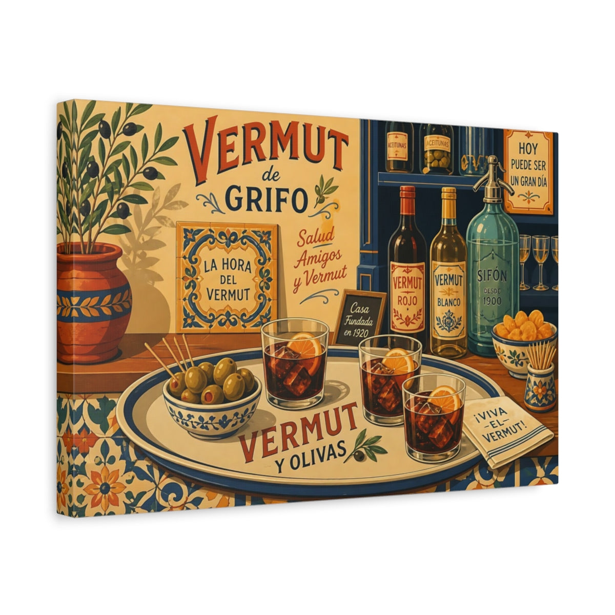 Side Mockup 4. Vintage Vermouth Bar Spanish Vermouth shown as stretched canvas wall art