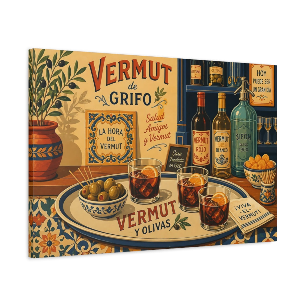 Side Mockup 2. Vintage Vermouth Bar Spanish Vermouth shown as stretched canvas wall art