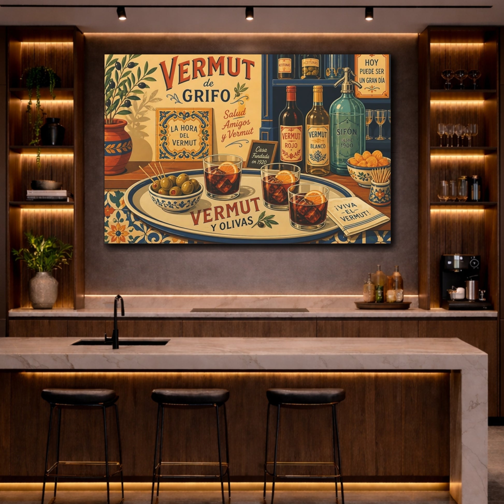 Mockup 2. Vintage Vermouth Bar Spanish Vermouth shown as stretched canvas wall art