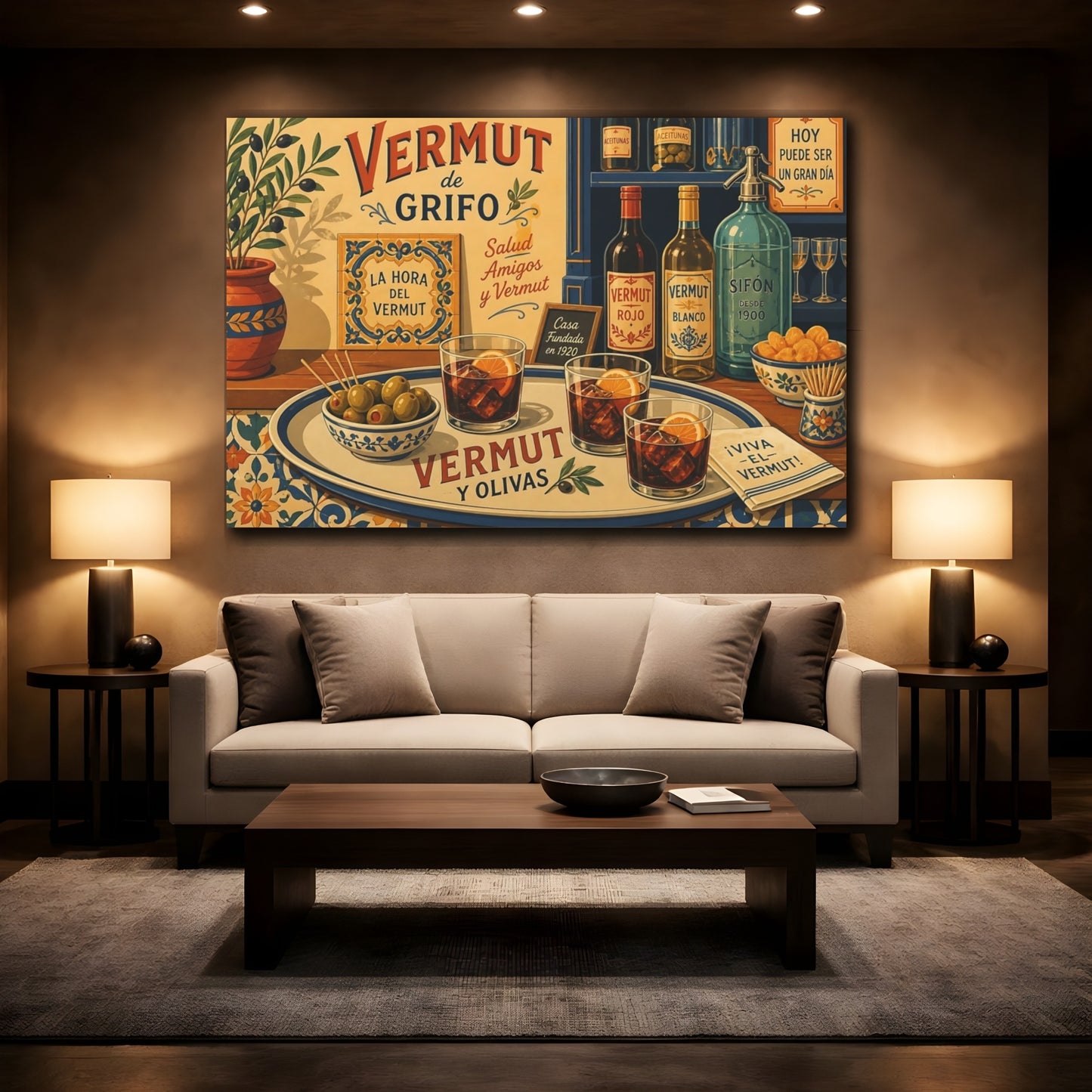 Mockup 3. Vintage Vermouth Bar Spanish Vermouth shown as stretched canvas wall art