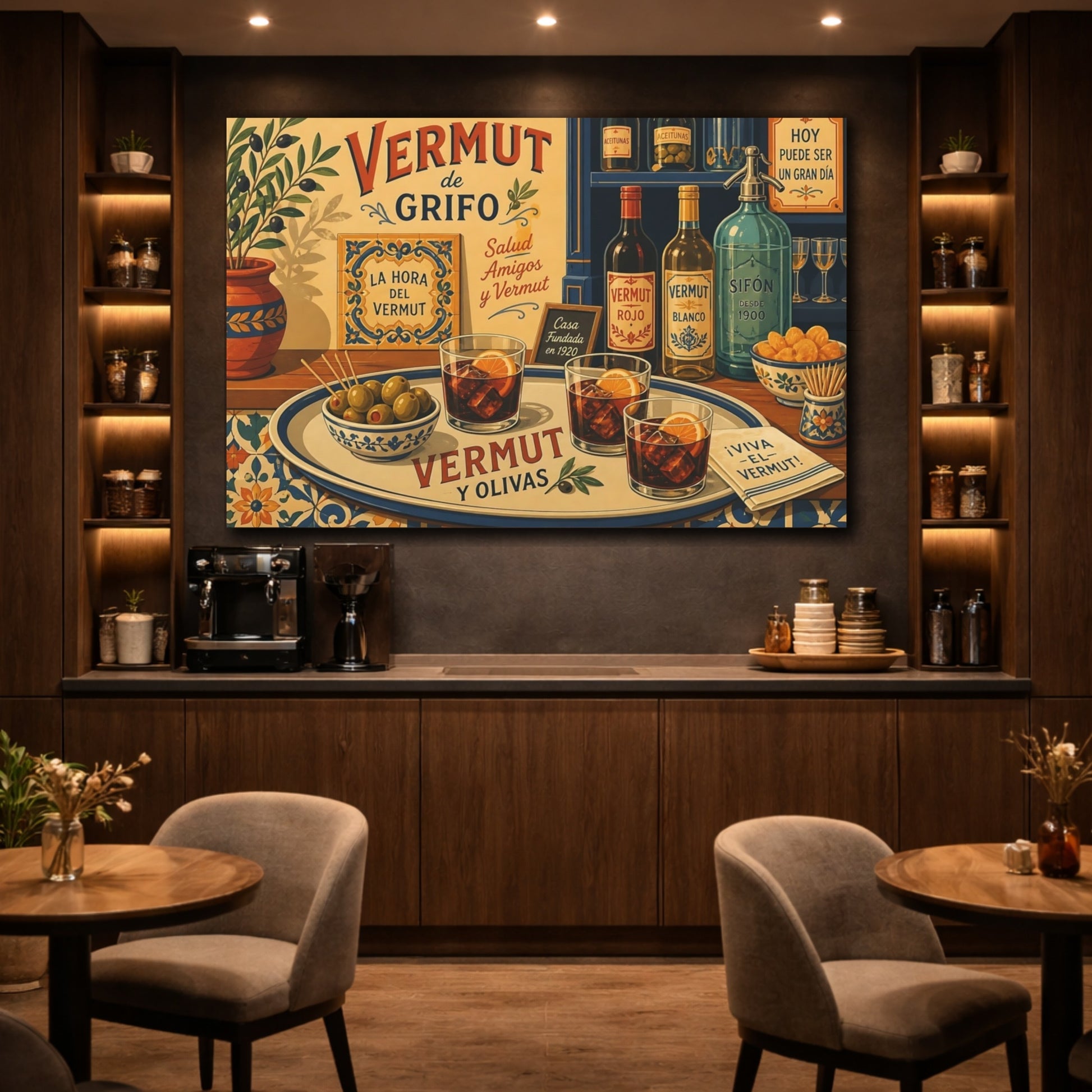 Mockup 4. Vintage Vermouth Bar Spanish Vermouth shown as stretched canvas wall art