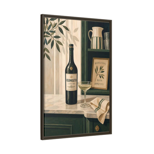 Main Mockup. Vintage Vermouth Bottle Green Still Life shown as framed canvas print