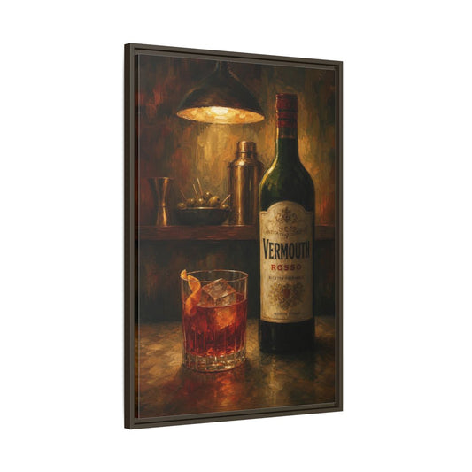 Main Mockup. Vintage Vermouth Bottle Vermouth Cocktail shown as framed canvas print
