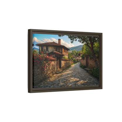 Side Mockup 5. Vintage Village Street Rustic Village shown as stretched canvas wall art