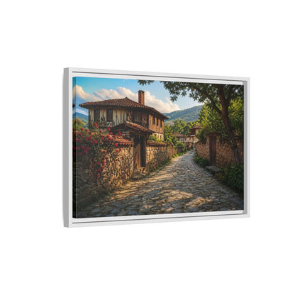 Side Mockup 1. Vintage Village Street Rustic Village shown as stretched canvas wall art