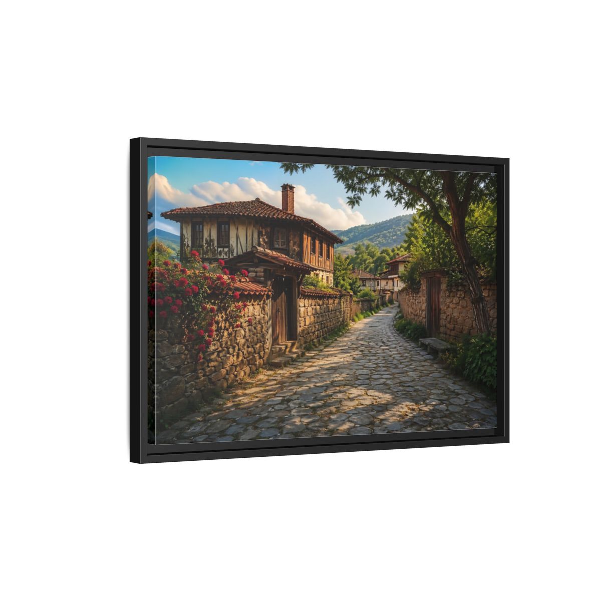 Side Mockup 3. Vintage Village Street Rustic Village shown as stretched canvas wall art