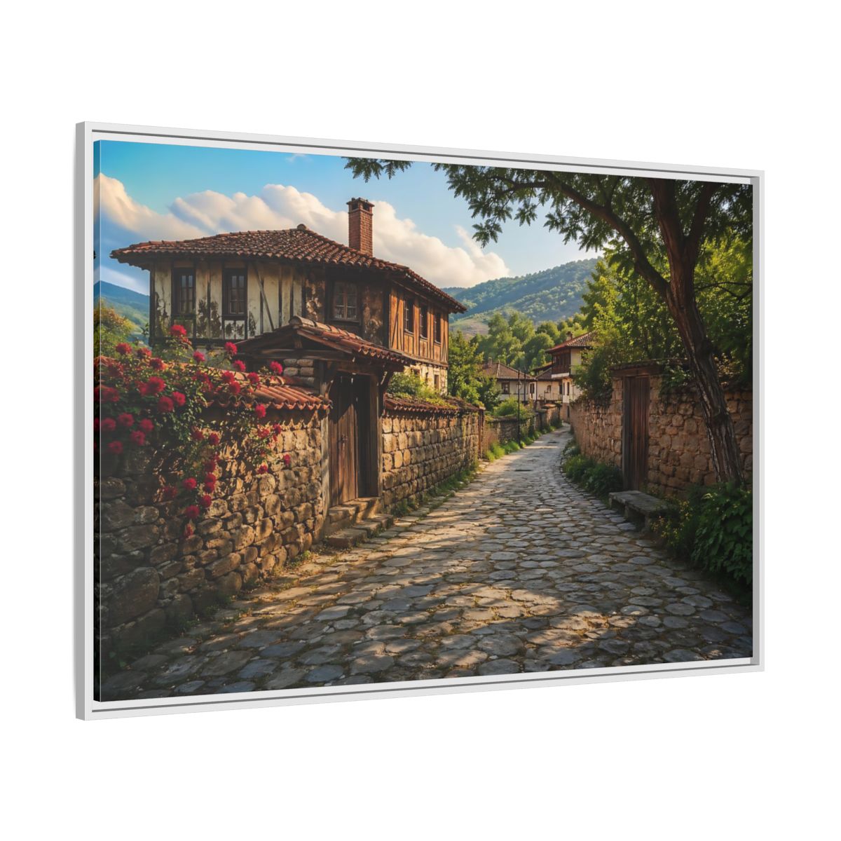 Side Mockup 7. Vintage Village Street Rustic Village shown as stretched canvas wall art