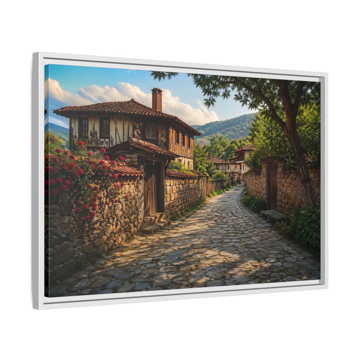 Side Mockup 10. Vintage Village Street Rustic Village shown as stretched canvas wall art