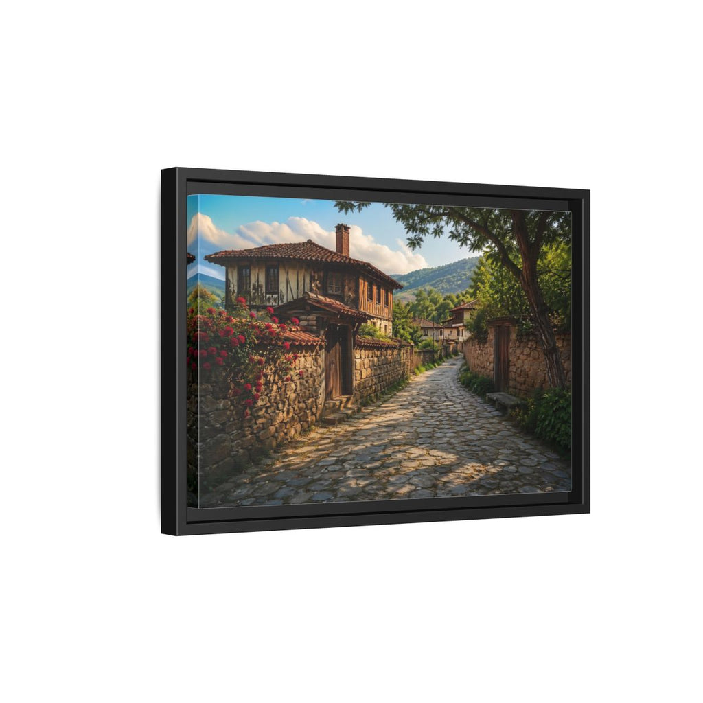 Side Mockup 6. Vintage Village Street Rustic Village shown as stretched canvas wall art