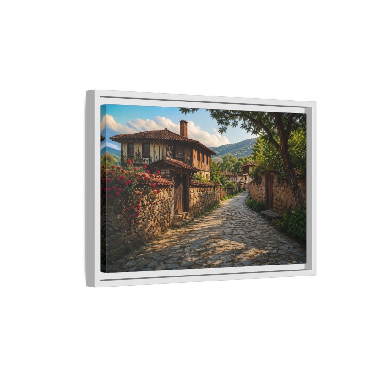 Side Mockup 4. Vintage Village Street Rustic Village shown as stretched canvas wall art
