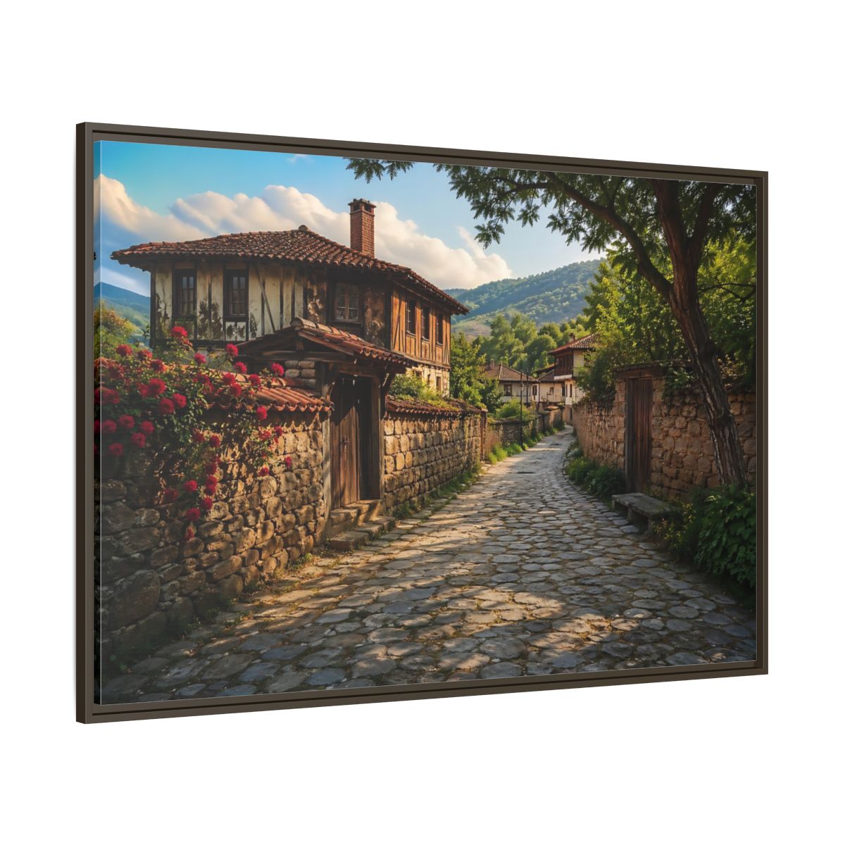 Side Mockup 8. Vintage Village Street Rustic Village shown as stretched canvas wall art