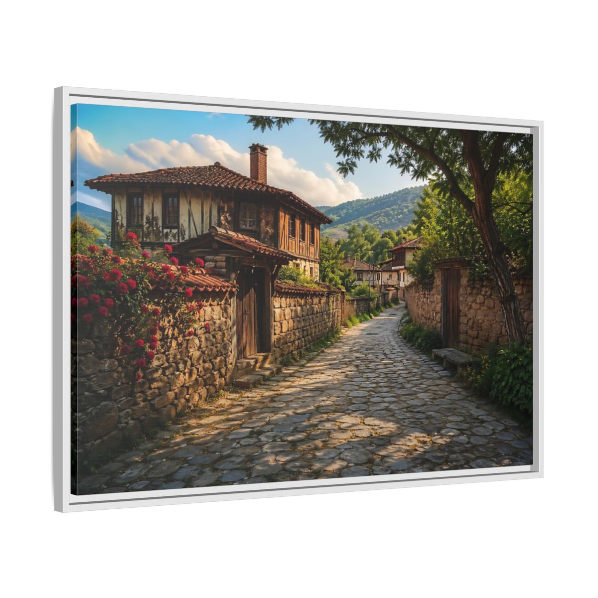 Side Mockup 9. Vintage Village Street Rustic Village shown as stretched canvas wall art