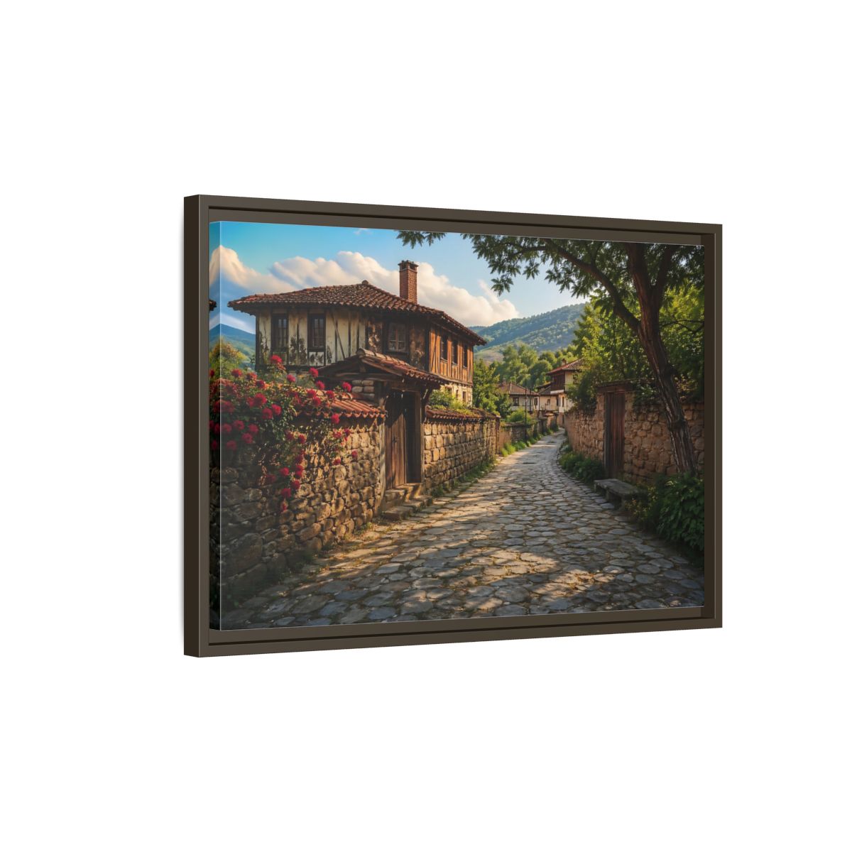 Side Mockup 2. Vintage Village Street Rustic Village shown as stretched canvas wall art