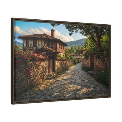 Main Mockup. Vintage Village Street Rustic Village shown as stretched canvas wall art