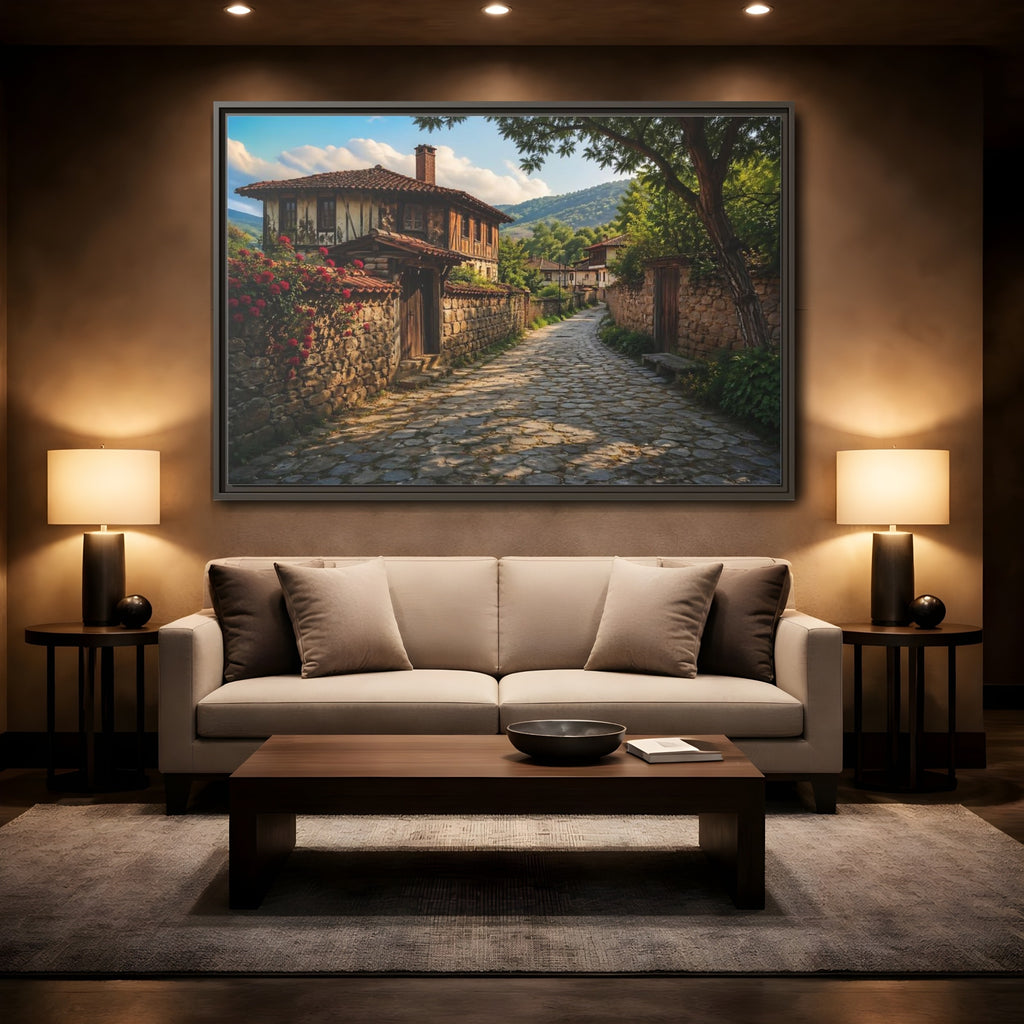 Mockup 2. Vintage Village Street Rustic Village shown as stretched canvas wall art