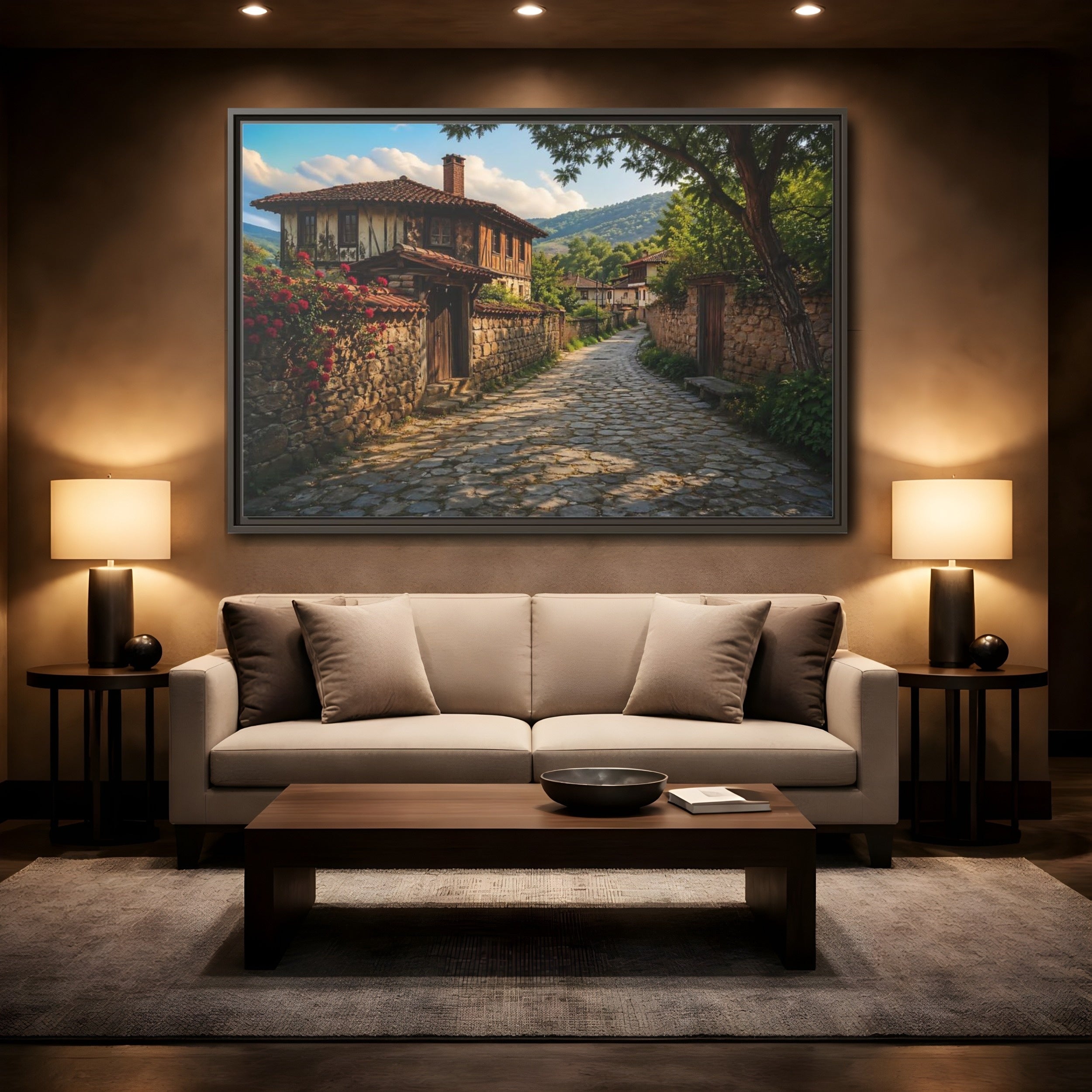 Mockup 2. Vintage Village Street Rustic Village shown as stretched canvas wall art