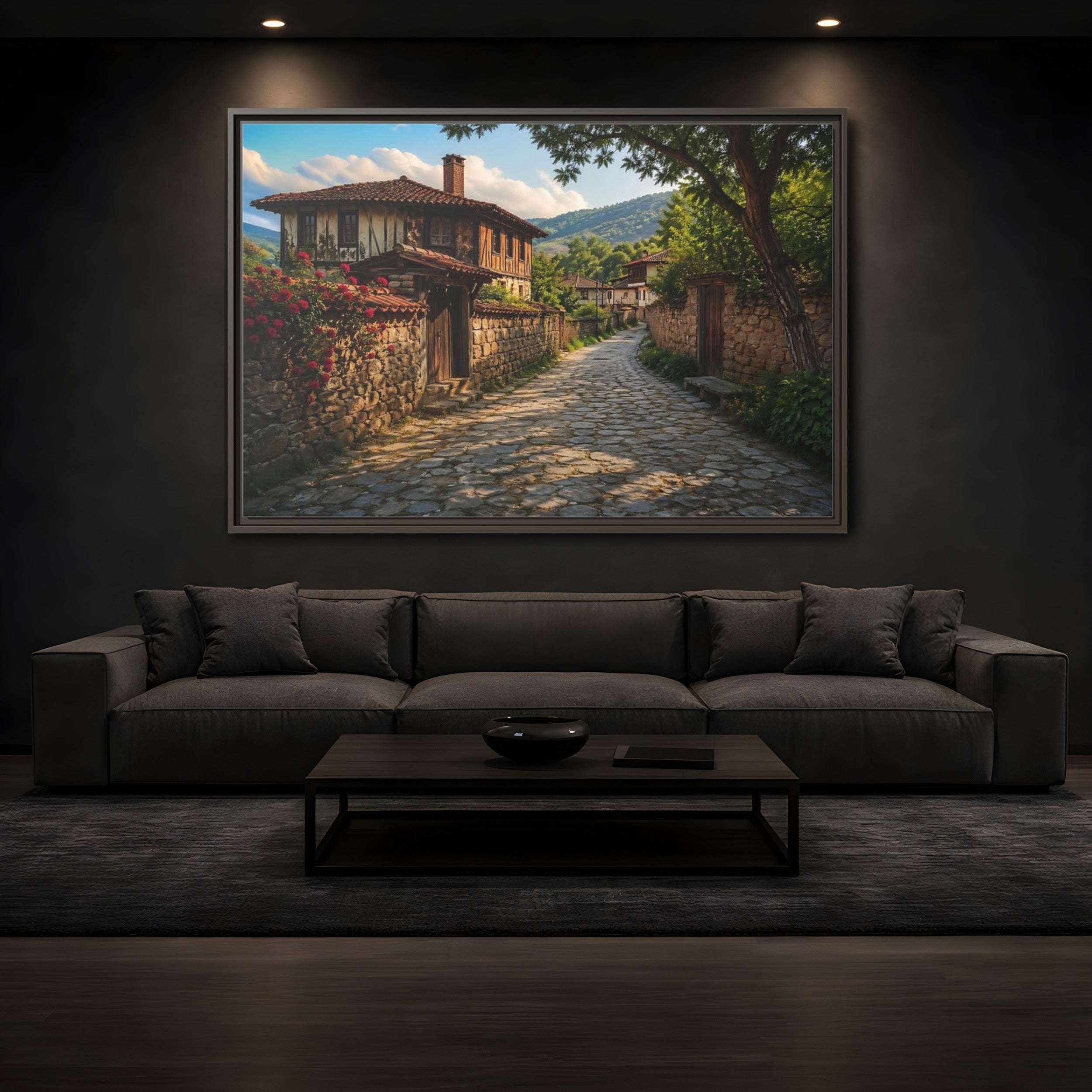Mockup 3. Vintage Village Street Rustic Village shown as stretched canvas wall art